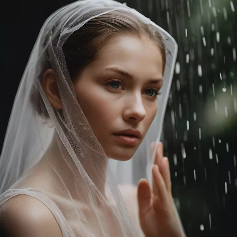 Mujer en velo bajo la lluvia